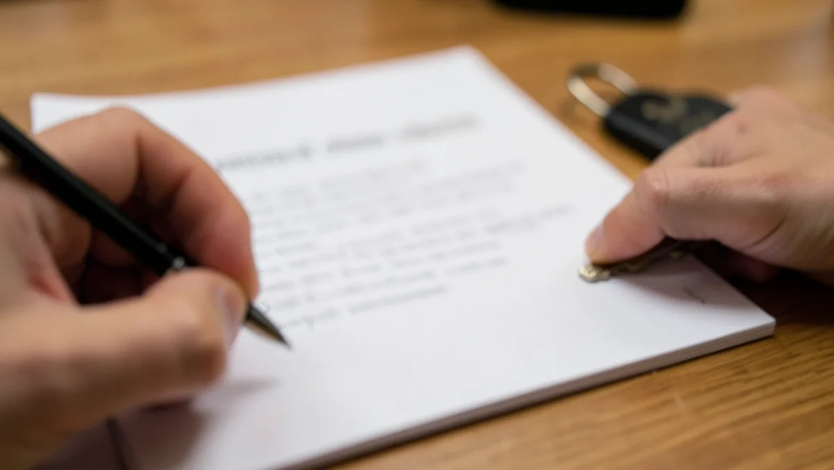 A car buyer signing a car loan finance contract at a desk next to the car key