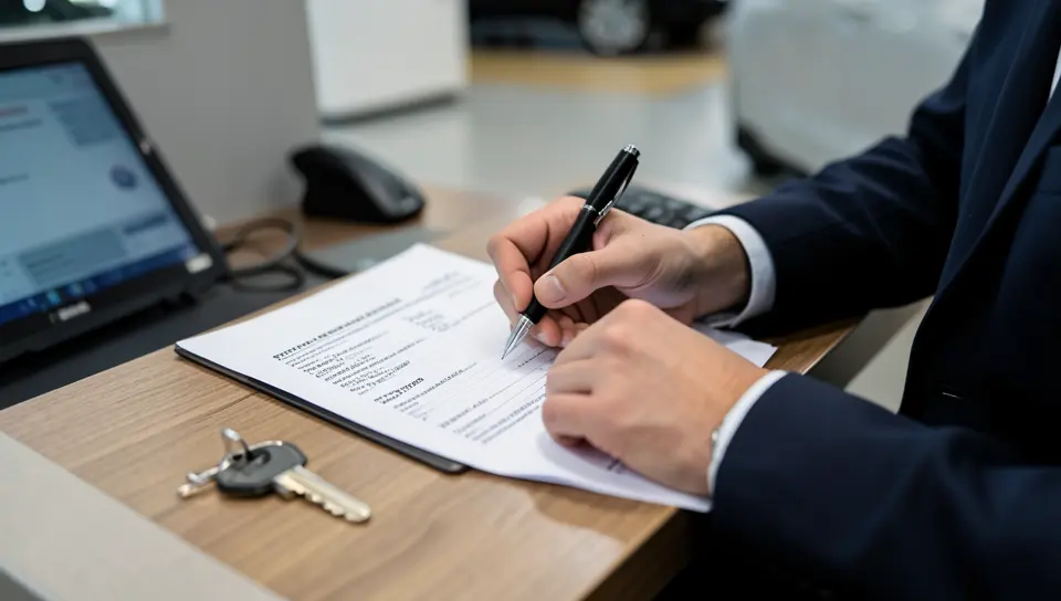 Car buyer signing auto loan paperwork at a dealership finance desk