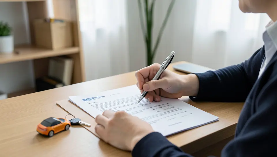 Person signing a vehicle service contract document at a desk next to a car key and toy car
