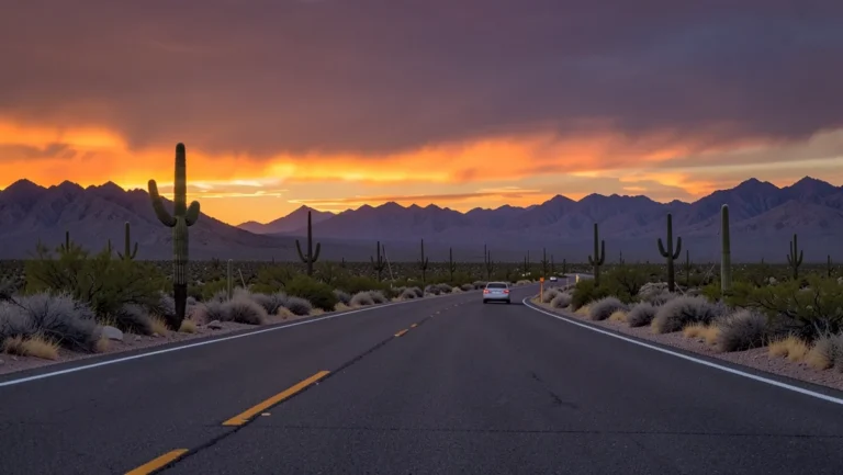 Car parked on the shoulder of a desert highway in Arizona at sunset with saguaro cacti