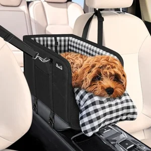 SlowTon console dog car seat installed over a car center console with a small dog resting inside