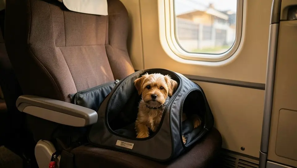 Small dog inside a soft-sided carrier under an Amtrak coach seat, the only class where Amtraks paid pet program applies