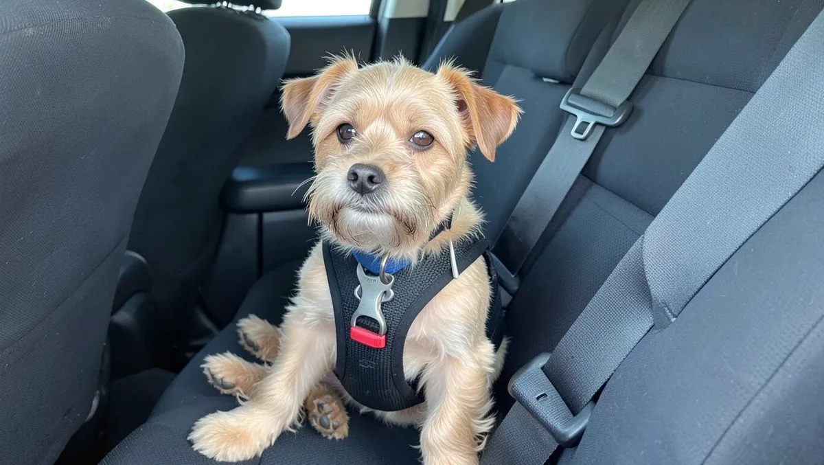 Small dog secured in a forward-facing car harness clipped to the seat belt