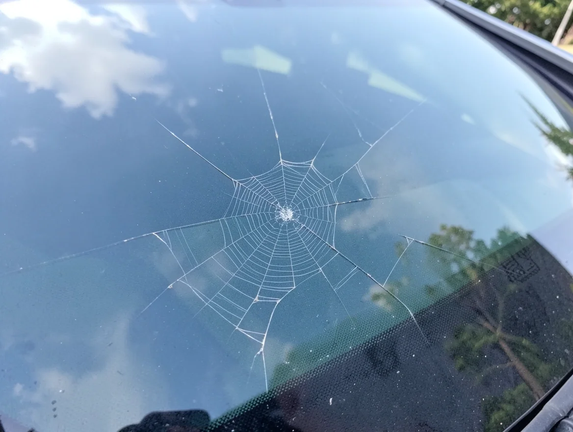 Small chip and crack on a car windshield before repair