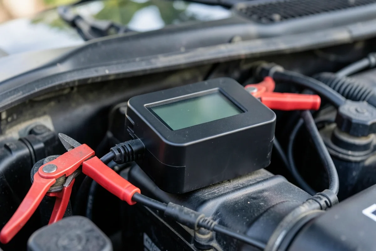 Smart battery charger with clamps connected to a car battery terminals under the hood