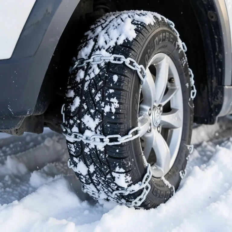 Snow chains fitted onto a car tire for extra traction in deep snow