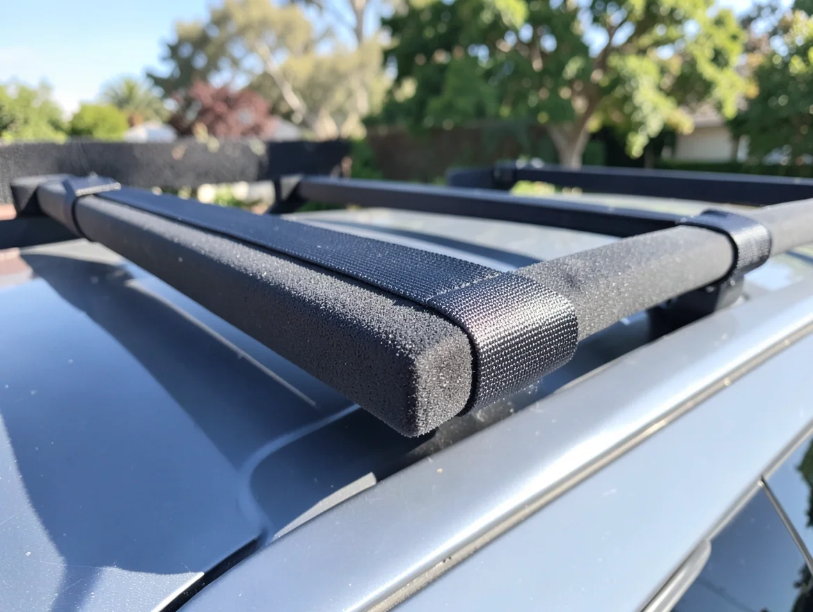 Black foam roof rack pads with tie-down straps mounted across a car roof for carrying a kayak