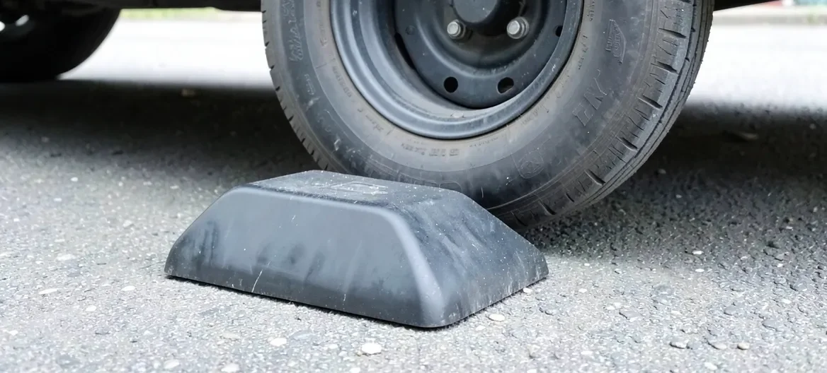 Solid rubber wheel chock wedged against a car tire on a driveway