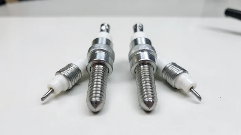 Four new spark plugs laid out on a workbench