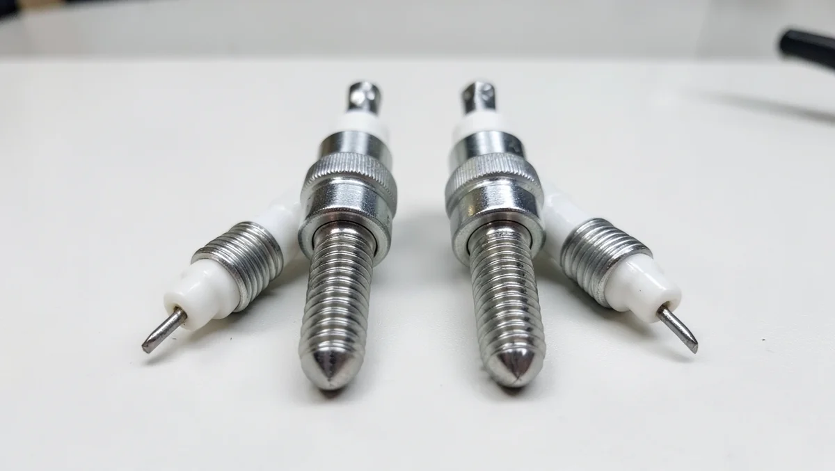 Four new spark plugs laid out on a workbench