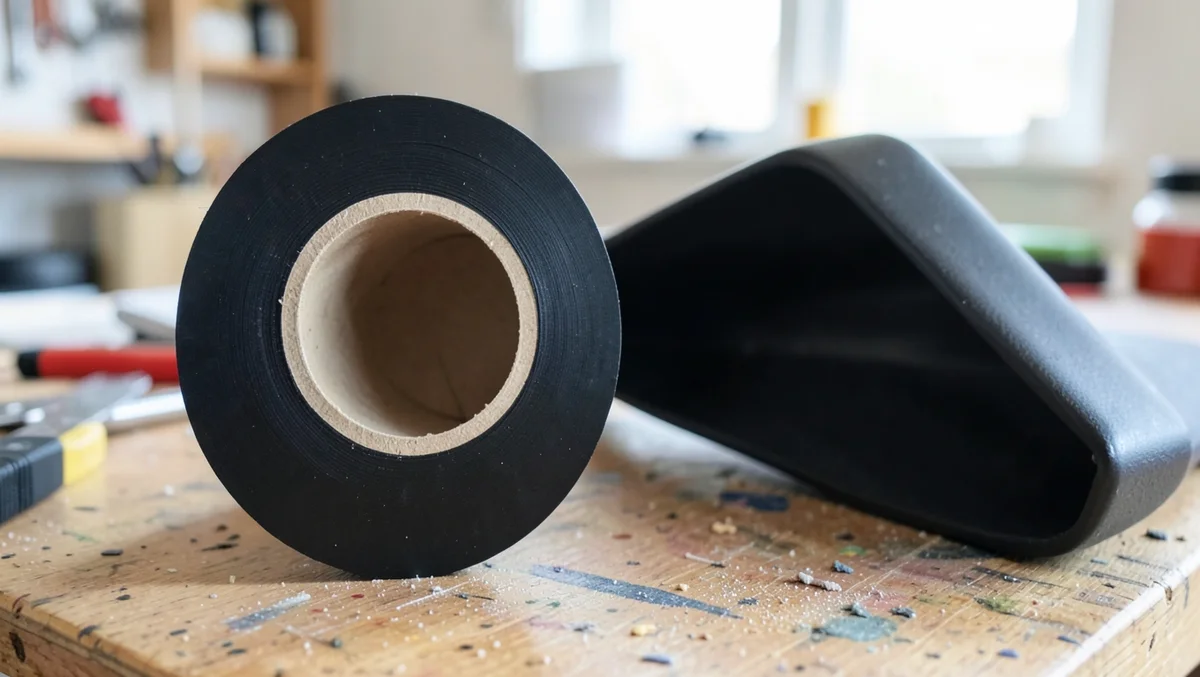 Roll of double-sided automotive mounting tape next to a car spoiler part on a workbench