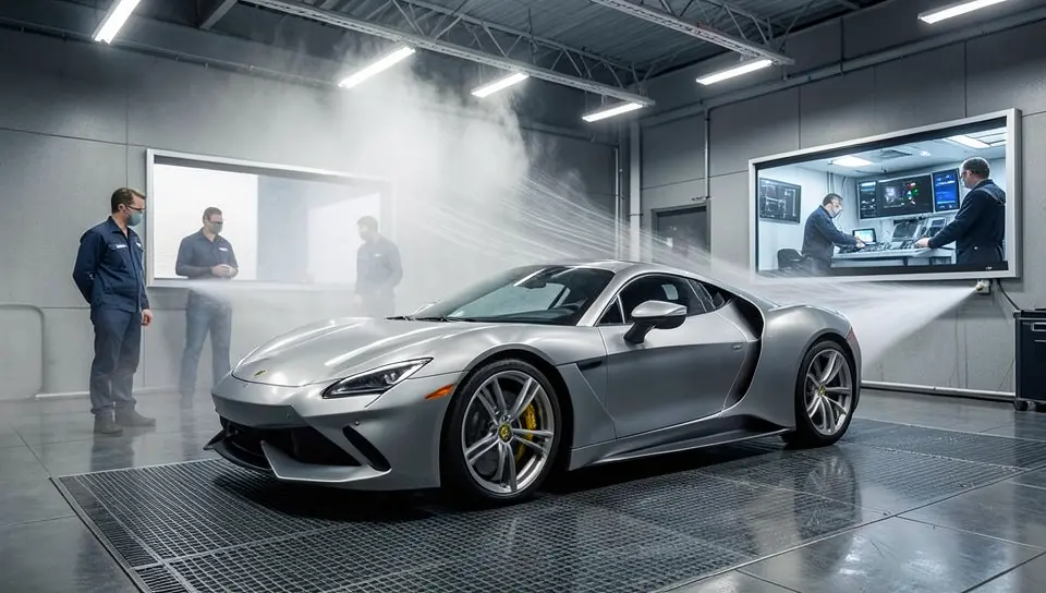 Sports car prototype undergoing wind tunnel aerodynamic testing with visible airflow streamlines