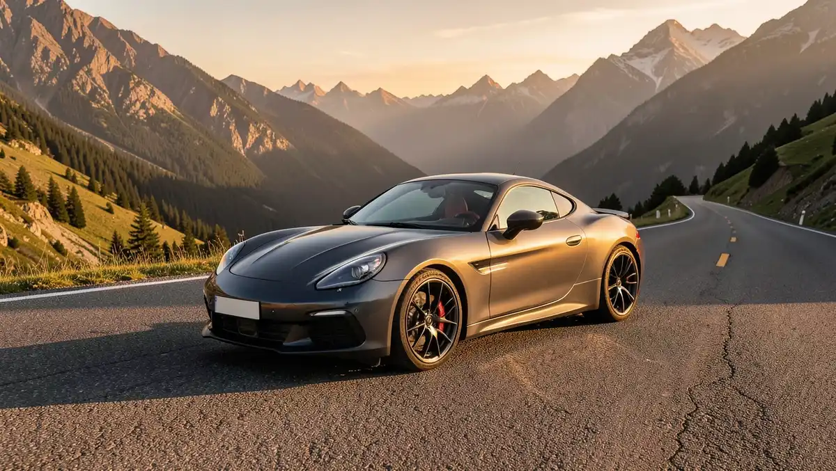 A two-door sports coupe parked on a scenic mountain road at golden hour