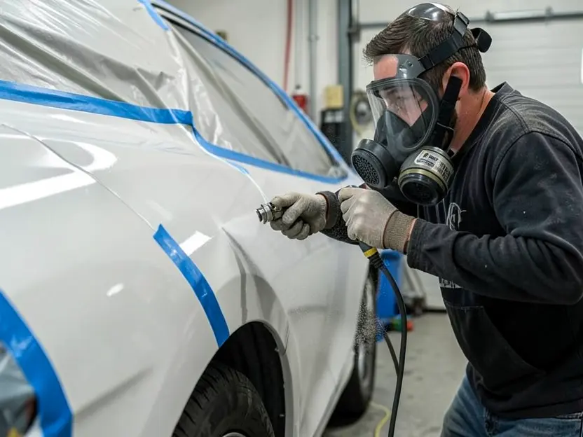A painter wearing a respirator spot-sprays clear coat on a masked car fender