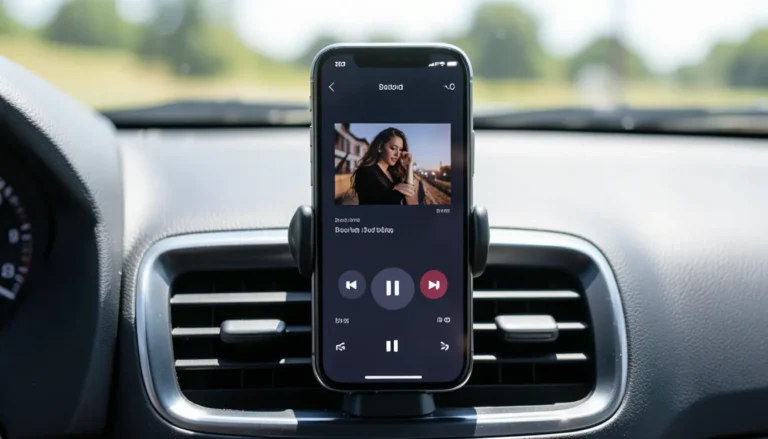 Smartphone mounted on a car dashboard air vent showing a driving-friendly music player screen