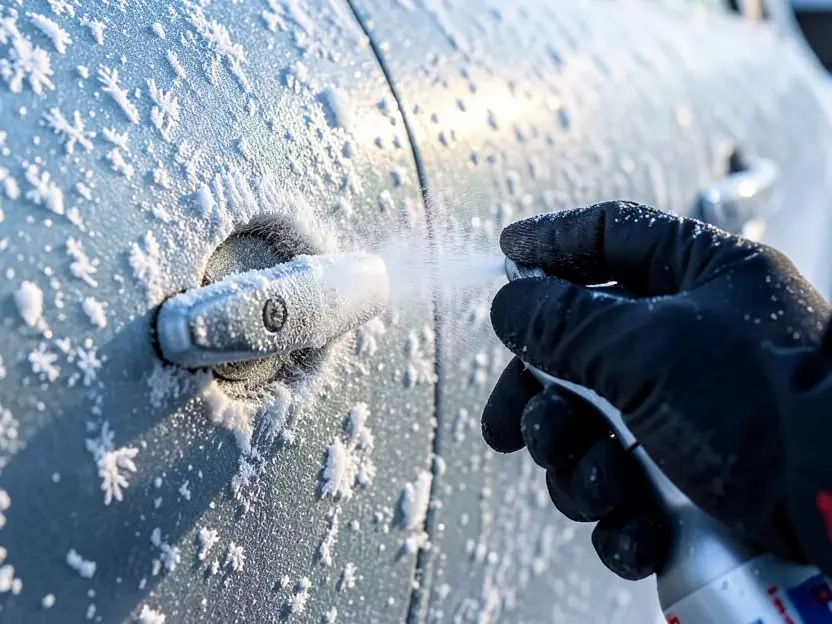 Gloved hand spraying de-icer onto a frozen, frost-covered car door lock and handle