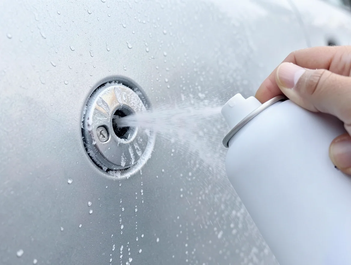 Hand spraying lock de-icer directly into a frost-covered car door lock keyhole