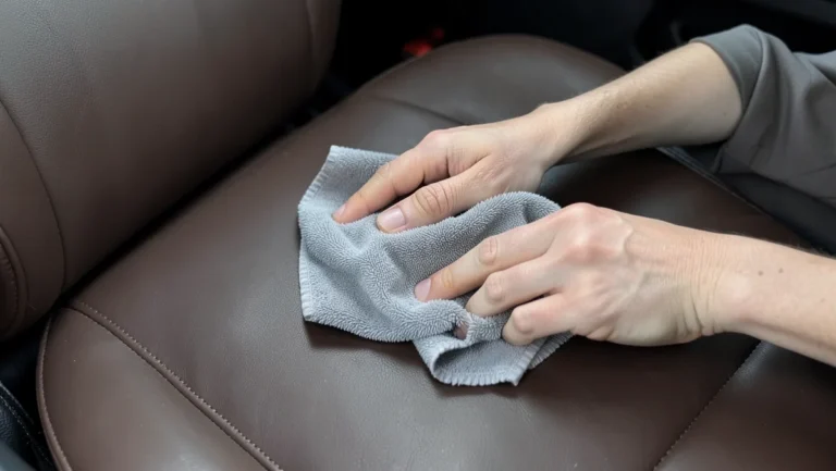 Wiping a dark brown leather car seat clean with a microfiber cloth