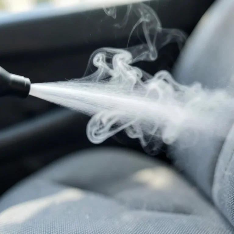 Steam spraying from a handheld steam cleaner nozzle onto a gray fabric car seat
