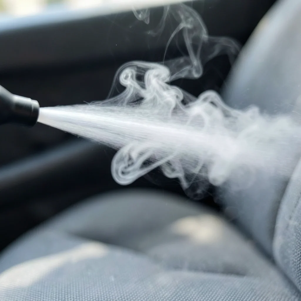 Steam spraying from a handheld steam cleaner nozzle onto a gray fabric car seat