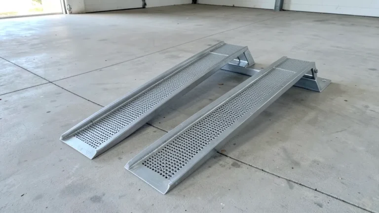 Two bare steel car ramps sitting on a concrete garage floor