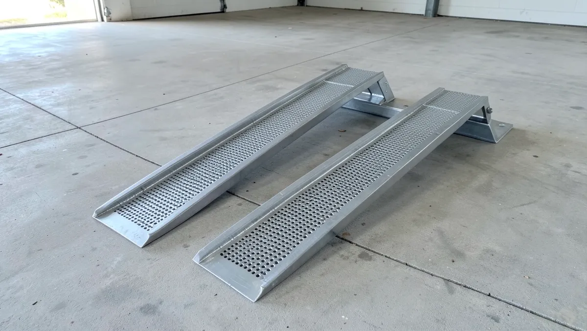 Two bare steel car ramps sitting on a concrete garage floor