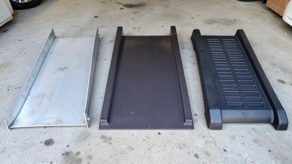 Three car ramps side by side showing steel, aluminum, and plastic construction