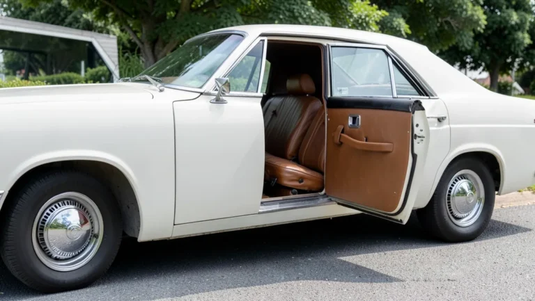 Classic car with a rear-hinged suicide door open, showing the coach-door design