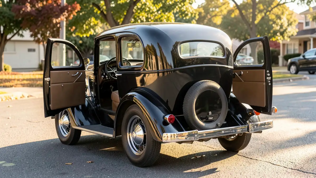 Vintage 1930s classic car with both rear-hinged doors open showing the coach-door design