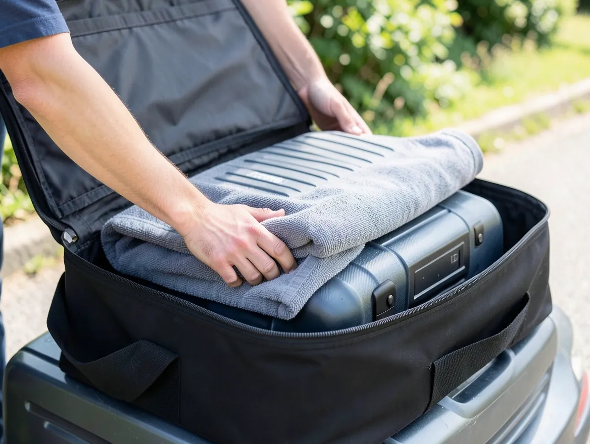 Folding a towel over a hard suitcase corner before closing a soft rooftop cargo bag to prevent fabric punctures