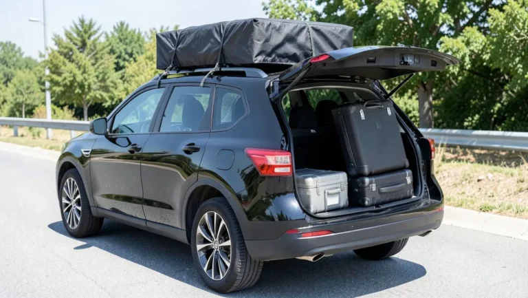 Hard-shell suitcases loaded next to a soft rooftop cargo bag strapped to an SUV roof