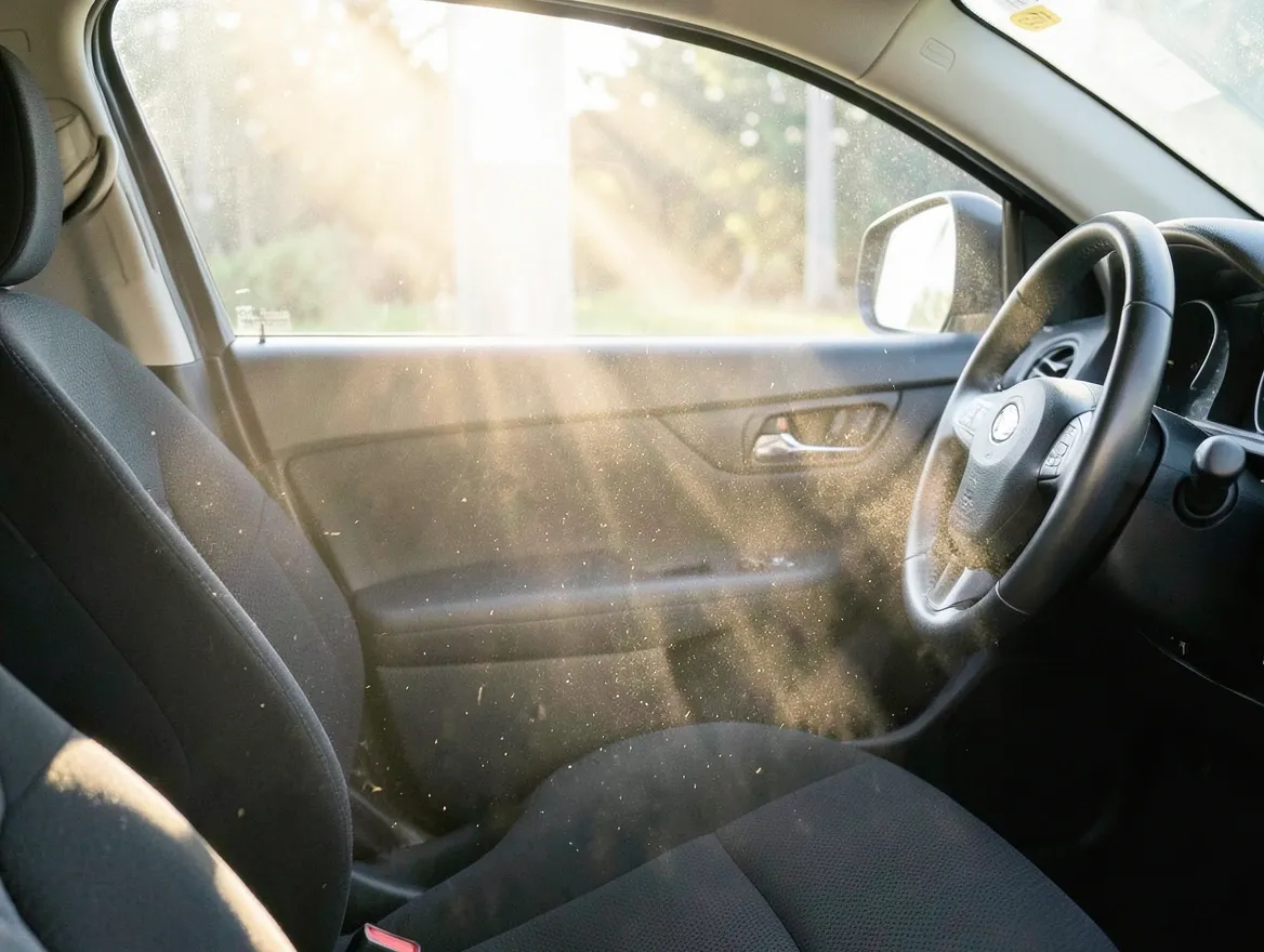 Sunbeam shining through an unprotected car side window onto the seat and dashboard