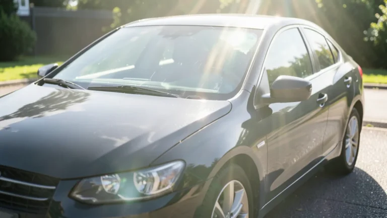 Bright sunlight and UV rays hitting a parked car windshield and side windows