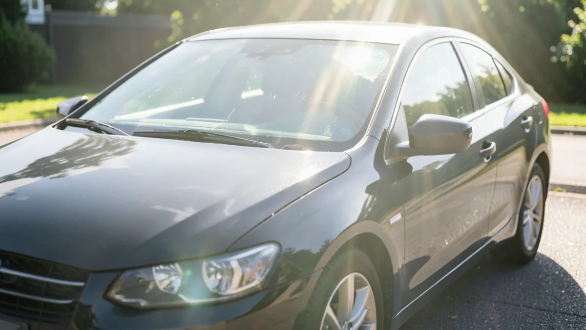 Bright sunlight and UV rays hitting a parked car windshield and side windows