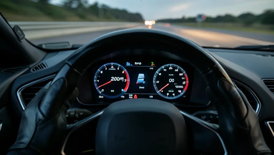 Supercar cockpit view showing a digital speedometer near 200 mph