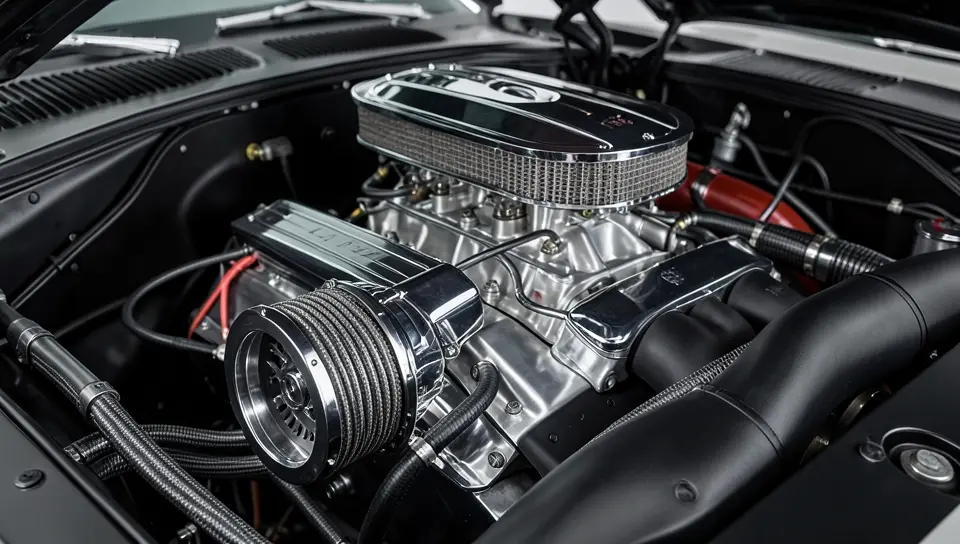 Supercharged V8 engine bay in a modern muscle car showing the chrome air intake and supercharger snout