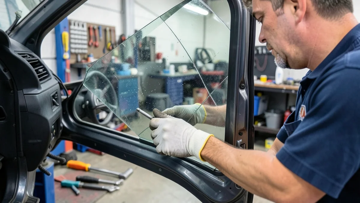Technician wearing safety gloves installing a thick ballistic glass panel into a car door frame