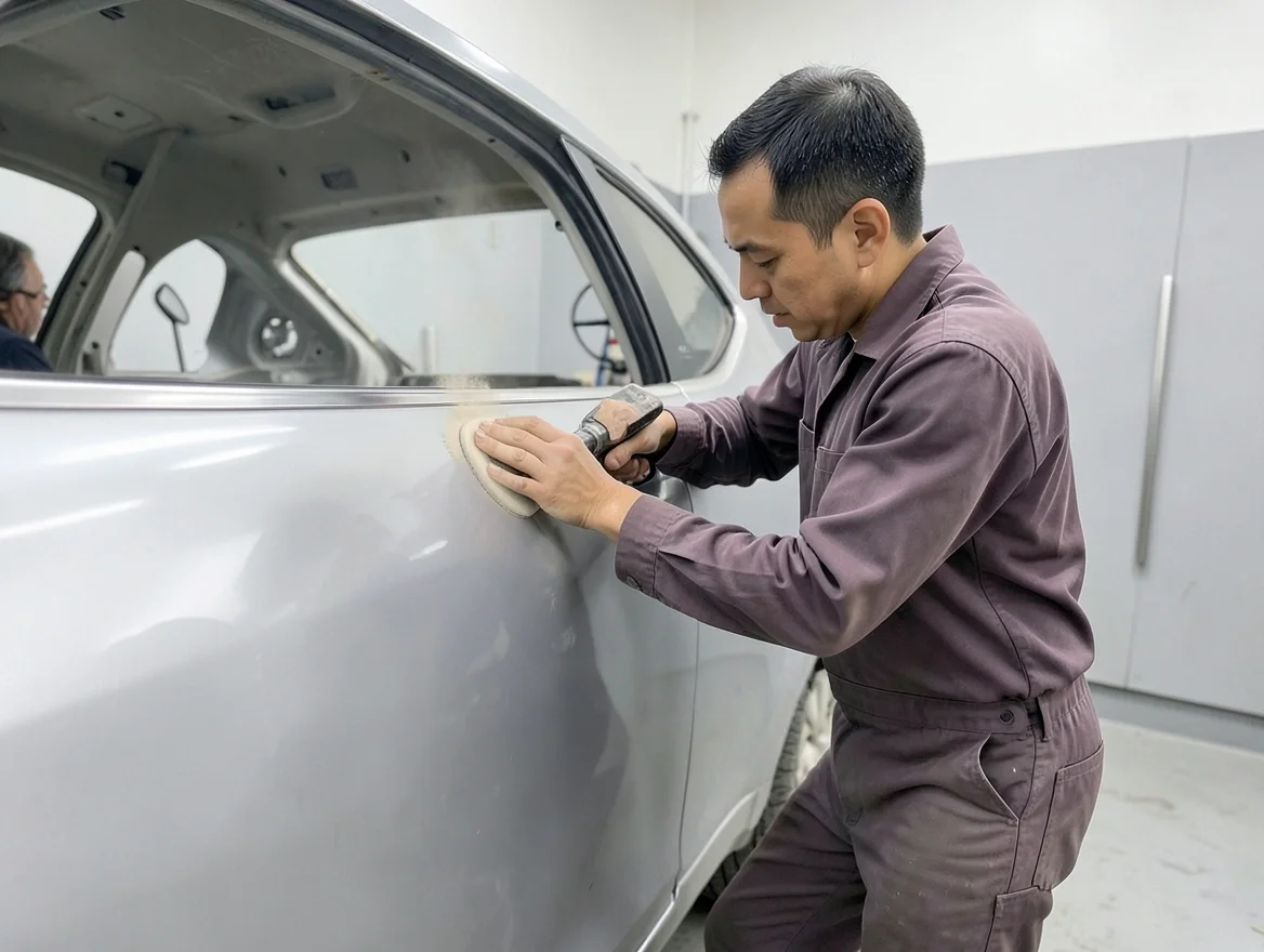 Technician sanding a replacement car door panel to prep it for paint matching