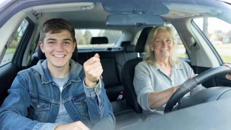 Teenage driver holding a car key while a parent sits in the driver's seat, illustrating how a young driver can be insured through a parent's policy before turning 18