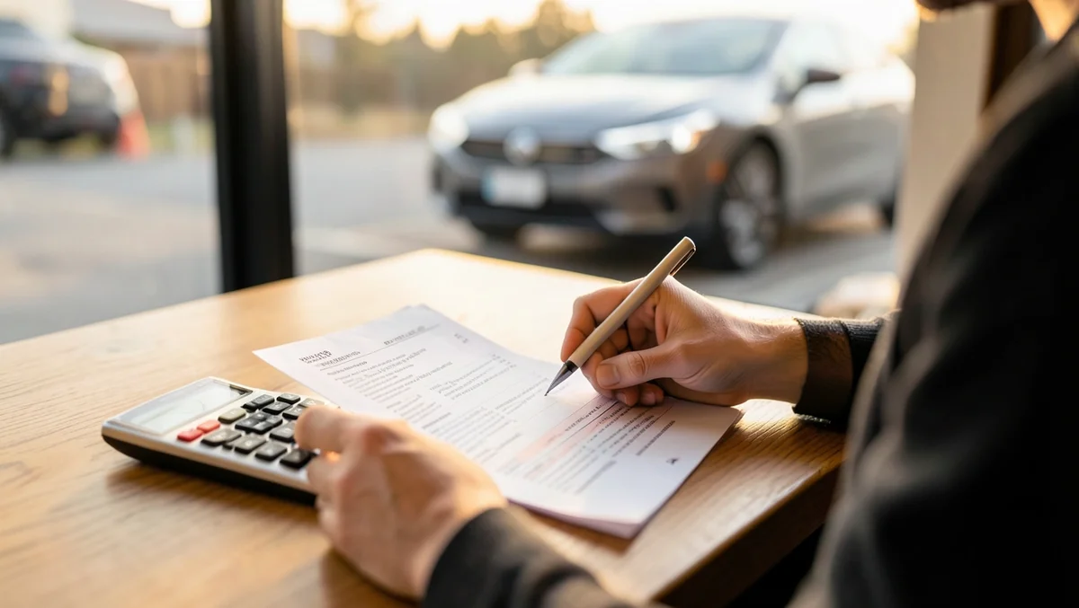 Person reviewing car financing paperwork and calculating monthly payments with an EV parked outside