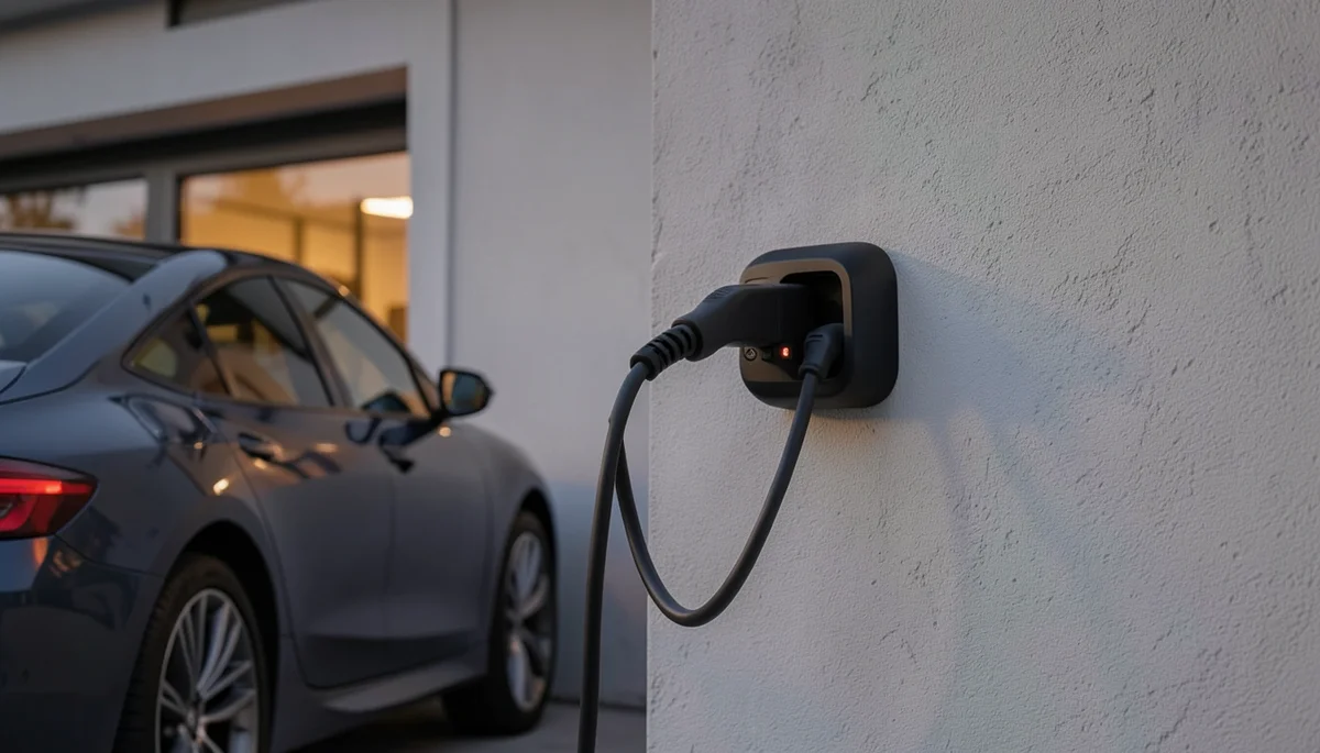 Electric vehicle plugged into a home Level 2 charging station in a garage at dusk