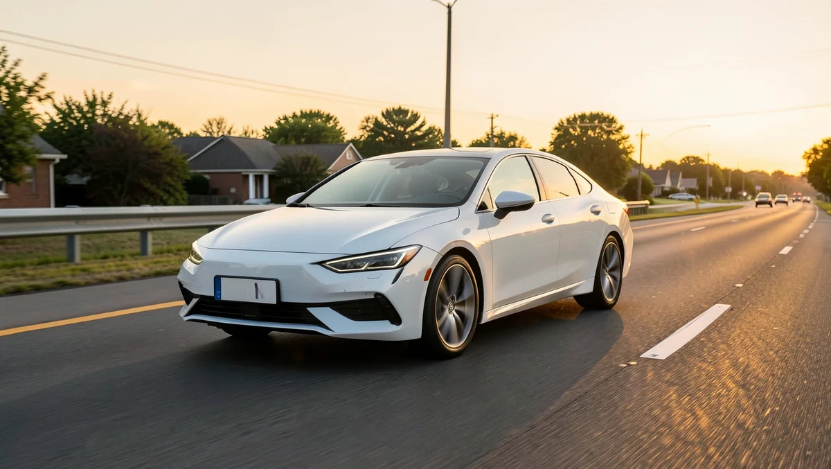 White electric sedan driving on a suburban highway at sunset, representing current Tesla-class EV pricing