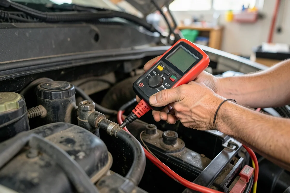 Mechanic using a digital multimeter to test a car battery and its connections for a parasitic drain