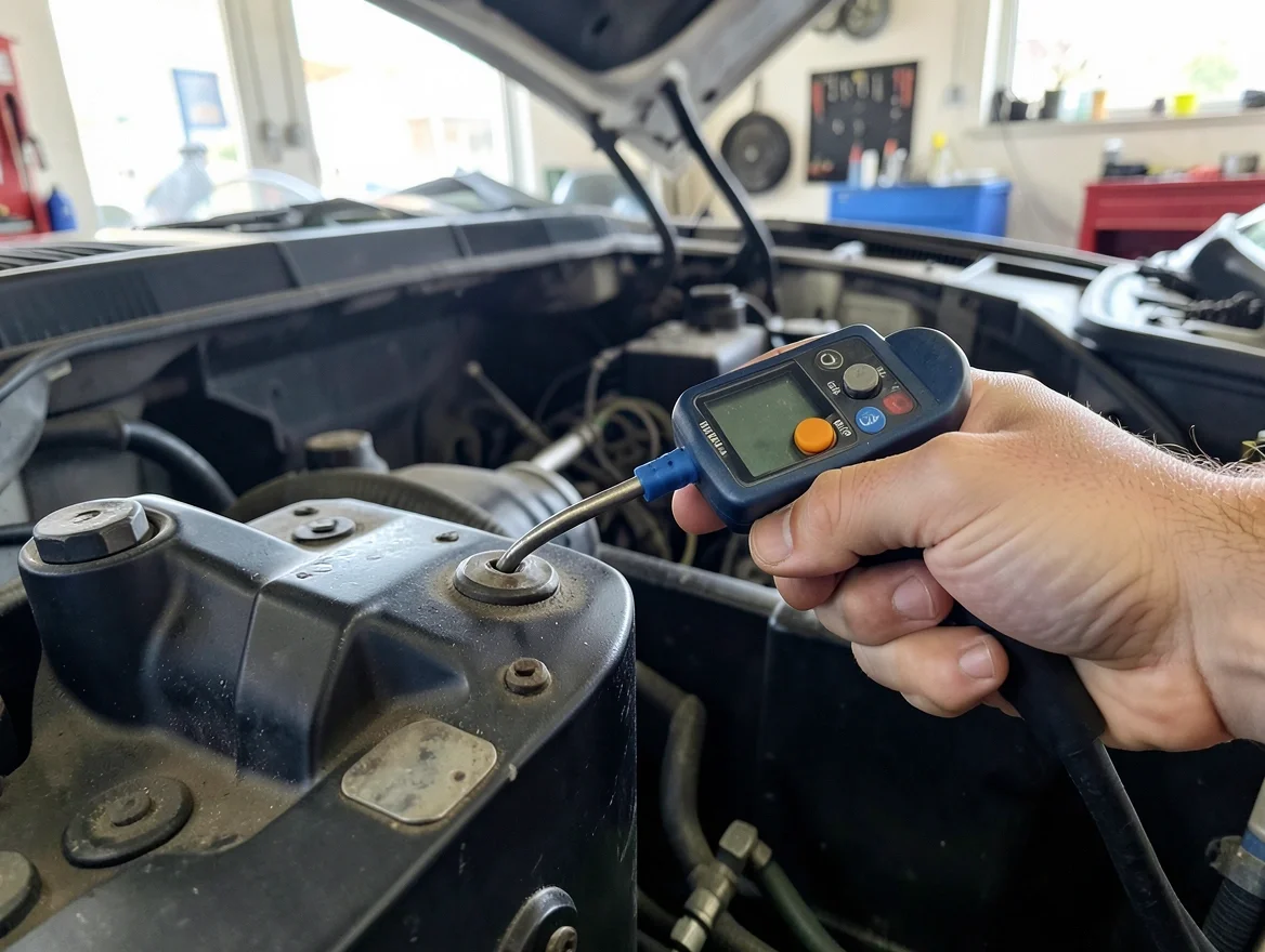 Mechanic using a multimeter to test a car battery terminal for parasitic current drain under the hood