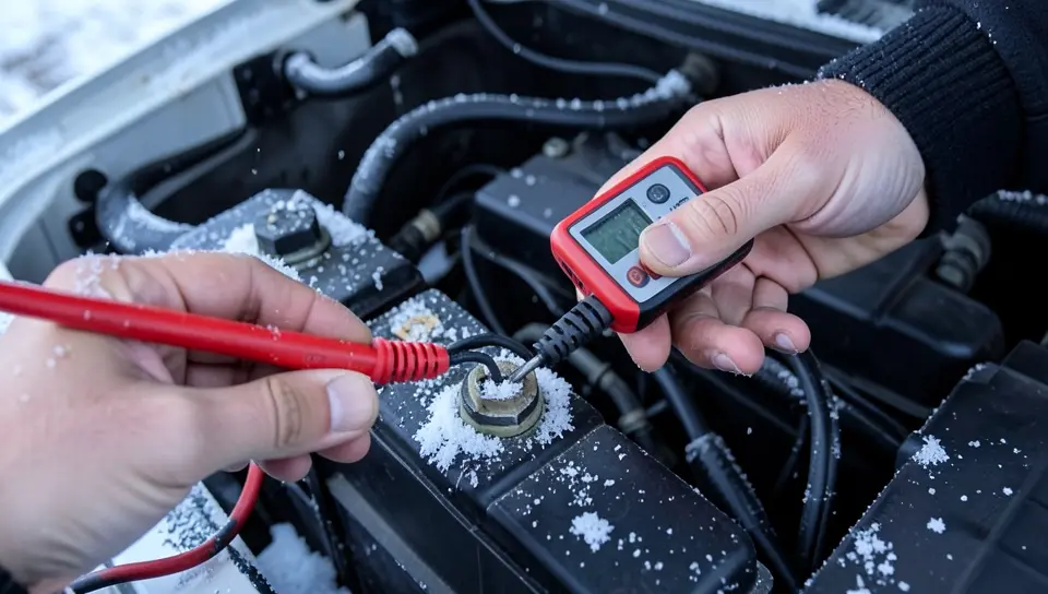 Hand using a digital multimeter to test car battery voltage in cold weather