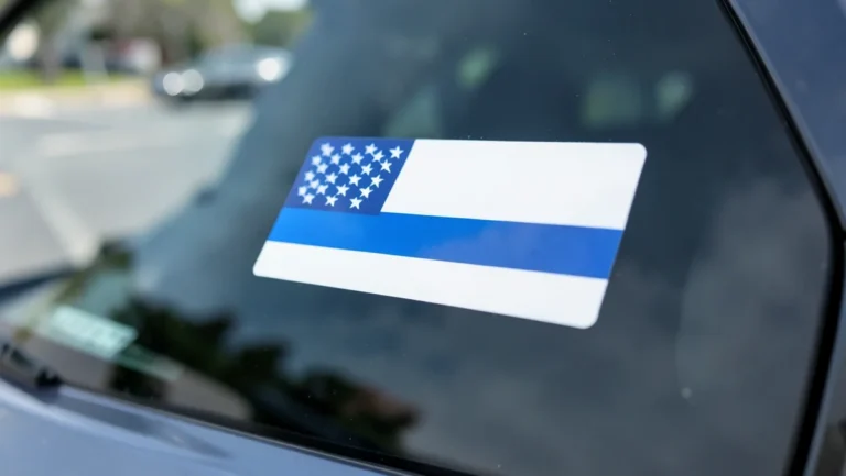 Thin blue line American flag decal on a car rear window