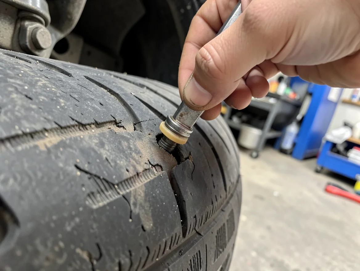 Mechanic inserting a rubber plug into a puncture in a car tire tread using an insertion tool