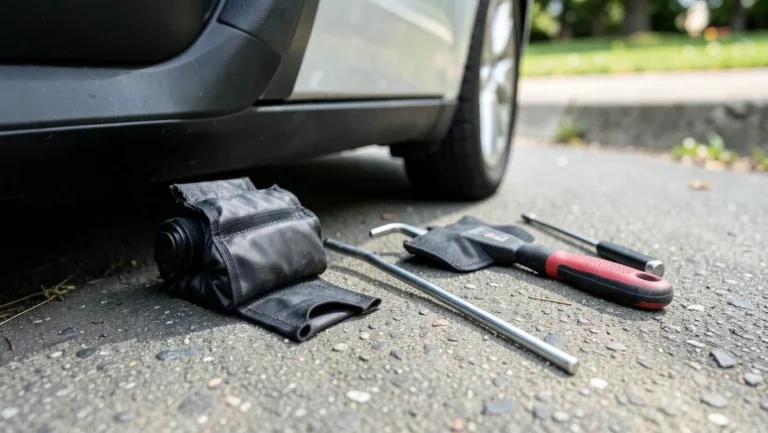 Inflatable air wedge, long-reach hook rod, and slim jim tool laid near a car door for a lockout