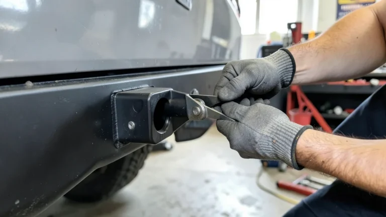 Mechanic installing a black steel trailer hitch receiver onto the rear frame of an SUV