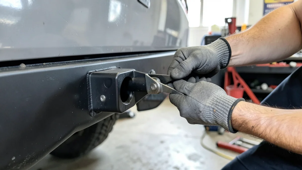 Mechanic installing a black steel trailer hitch receiver onto the rear frame of an SUV
